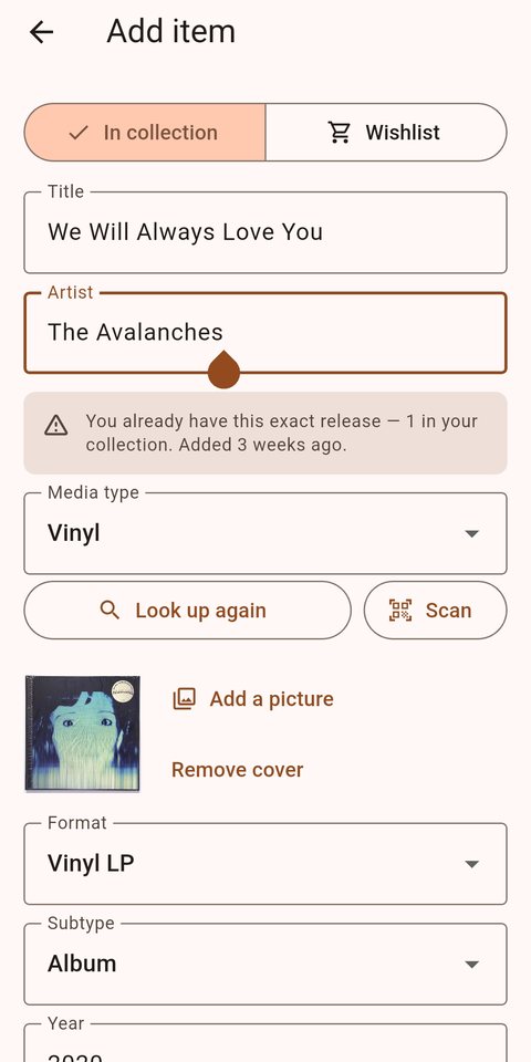 The Add item screen, showing a warning that reads: You already have this exact release — 1 in your collection. Added 3 weeks ago.