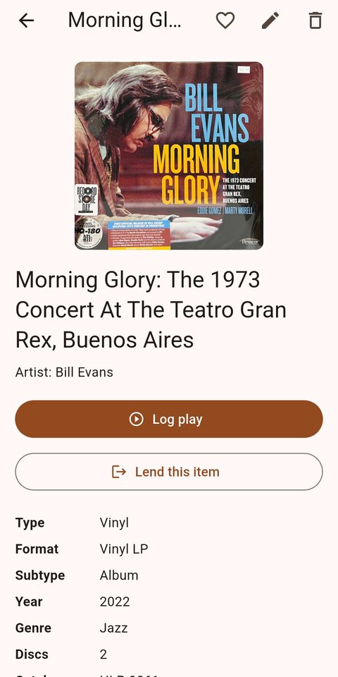 A vinyl record's page in Meibo, showing its cover, a Log play button, a Lend this item button, and fields for type, format, subtype, year, genre and discs.