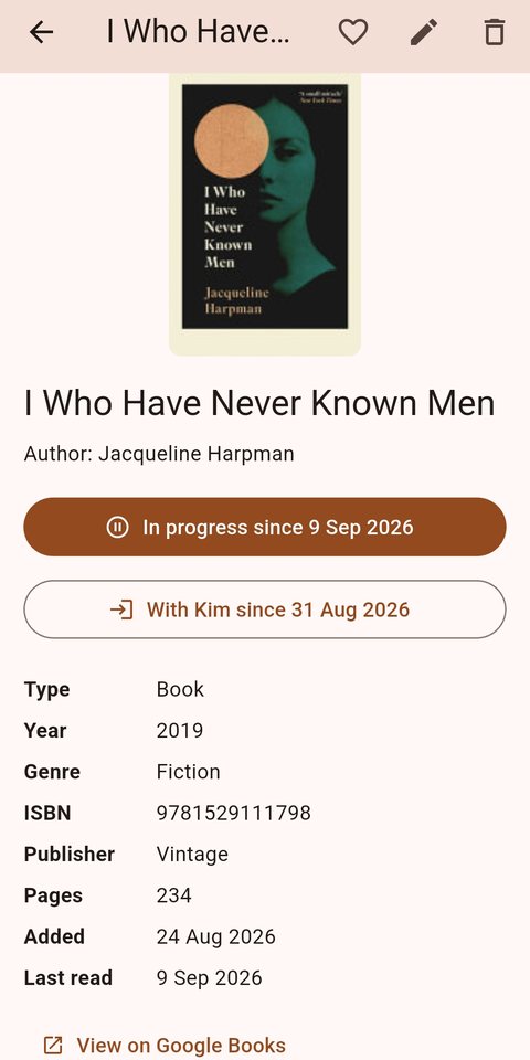 A book's page in Meibo showing two status buttons: In progress since 9 September, and With Kim since 31 August.