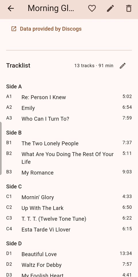 A tracklist in Meibo, grouped into Side A, Side B, Side C and Side D, each track numbered with its running time.