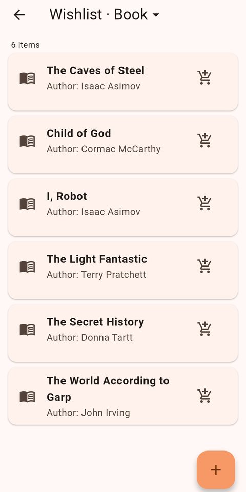The Meibo wishlist filtered to books, showing six titles with authors and a trolley icon beside each.